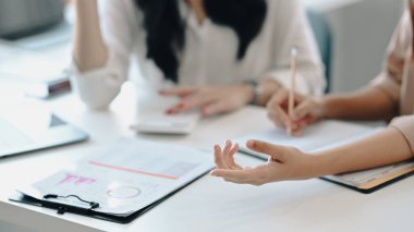İş kadını meslektaşına dizüstü bilgisayardaki yeni projeyi anlatıyor..