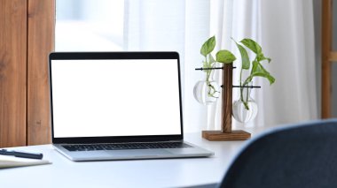 Boş ekran ve beyaz masada ev bitkisi olan bilgisayar dizüstü bilgisayarı.