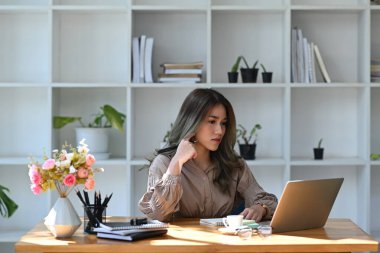 Hoş bir iş kadını rahat bir iş yerinde oturuyor ve dizüstü bilgisayarla çalışıyor..