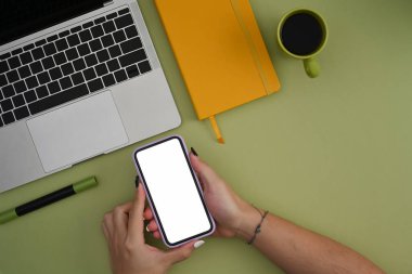 Genel görünüm kadın elleri yeşil arka planda model cep telefonu tutuyor.