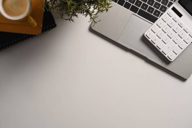 Dizüstü bilgisayar, hesap makinesi, defter, ev bitkisi ve kahve fincanı beyaz masada. Düz yatıyordu.
