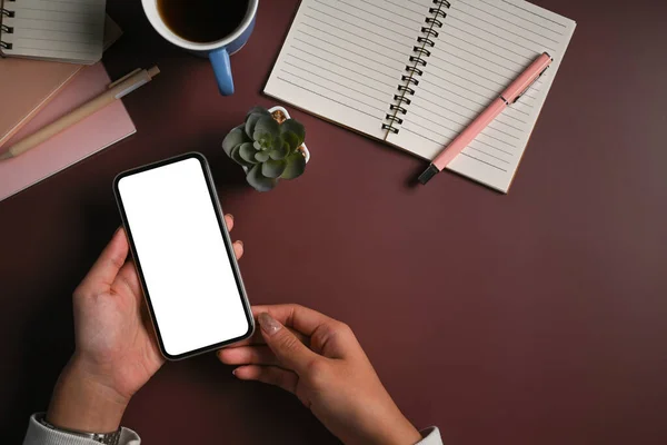 Yaratıcı Yerinde Akıllı Telefon Kullanan Tepedeki Kadın — Stok fotoğraf