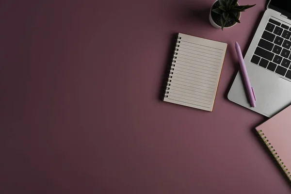Cuaderno Plano Yacía Vacío Portátil Computadora Cactus Sobre Fondo Púrpura — Foto de Stock