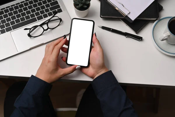 Young Woman Sitting Her Workplace Holding Smart Phone White Screen — Stock Photo, Image