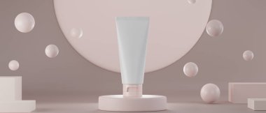 Podyumlar ve geometrik formlar üzerine plastik plastik tüp. Marka ve ambalaj sunumu için. 3d illüstrasyon.