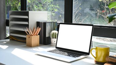 Laptop bilgisayarı, ev bitkisi ve malzemeleriyle rahat ofis masası..