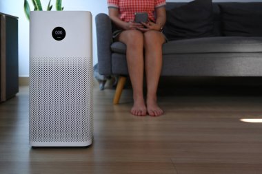 Oturma odasındaki hava temizleyici, arka plandaki koltukta dinlenen toz ve kadın için..