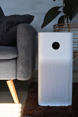 Oturma odasının zemininde dijital monitör ekranlı beyaz hava temizleyicisi tozları filtrelemek ve temizlemek için PM2.5.