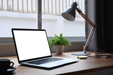 Bilgisayar dizüstü bilgisayarı, saksı bitkisi, kahve fincanı ve ahşap masadaki not defteri olan yaratıcı bir iş yeri..