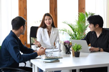 Şirket ortakları beyin fırtınası yapıyor, toplantıda pazarlık yapıyorlar..