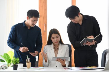 Yaratıcı ofiste yeni bir proje üzerinde çalışan iç mimar grubu.