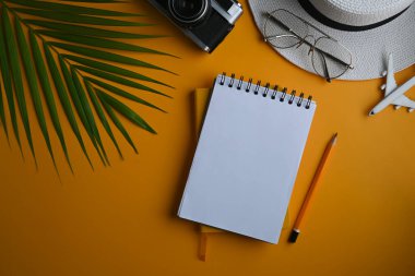 Üst görünüm retro kamera, şapka, gözlük ve sarı arka planda tropikal palmiye yaprağı dalları. Yaz ve tatil konsepti.