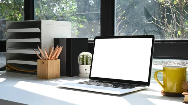 Laptop Komputerowy Kubek Kawy Roślina Doniczkowa Białym Stole Biurze Pusty — Zdjęcie stockowe