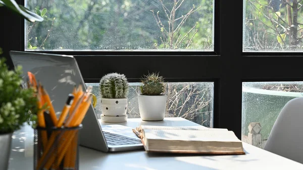 Biuro Domowe Laptopem Komputerowym Filiżanką Kawy Notebookiem Rośliną Doniczkową — Zdjęcie stockowe