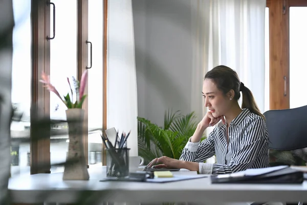 Parlak modern ofiste oturan ve dizüstü bilgisayar kullanan muhteşem genç bir kadın..