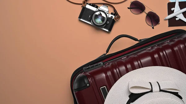 Above view suitcase with sunglasses, camera, passport and hat on beige background. Preparing for the summer vacations — Stockfoto