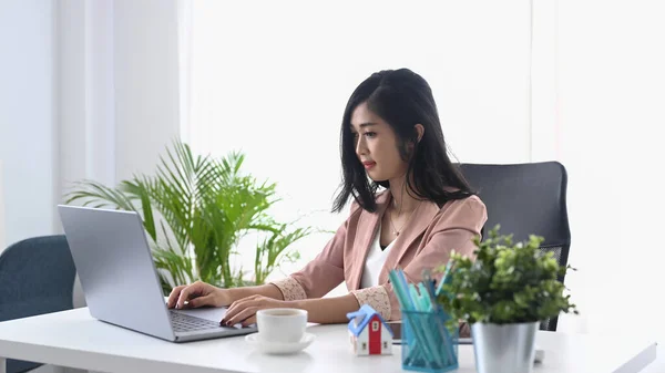 Skoncentrowany młody kobieta przedsiębiorca sprawdzanie e-mail na swoim laptopie. — Zdjęcie stockowe