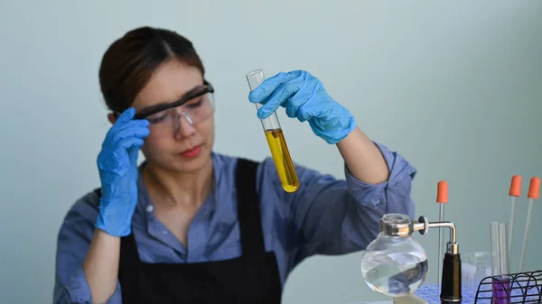 Scientist Holding Test Tube Marijuana Natural Aromatic Hemp Oil Research — Stock Photo, Image