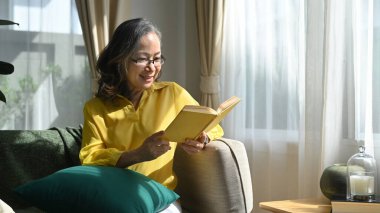 Huzurlu, olgun bir kadın rahat bir kanepede dinlenirken kitap okuyor..