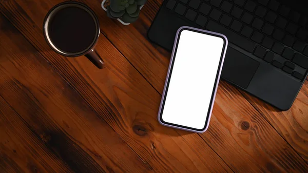 Мобильный Телефон Макет Ноутбук Кофейная Чашка Деревянном Фоне — стоковое фото