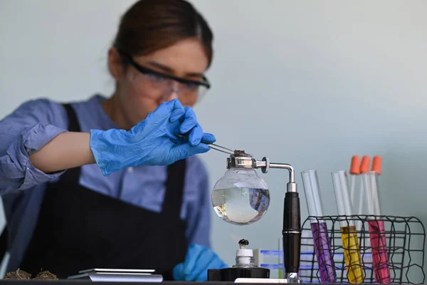 Científico Sosteniendo Probeta Investigando Examinando Aceite Marihuana Laboratorio Medicina Alternativa —  Fotos de Stock