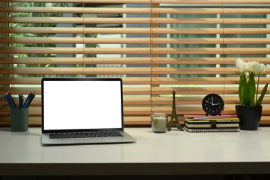 Öndeki dizüstü bilgisayar, ev bitkisi, kitaplar ve kalem tutacağı beyaz masada. Çağdaş işyeri.