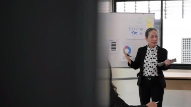 Olgun kadın şirket lideri beyaz tahtanın önünde duruyor ve çeşitli iş adamlarına pazar araştırma sonuçlarını sunuyor..