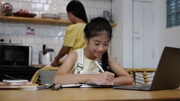 Cute Asian School Girl Learning Online Tutor Watching Online Class — Stock Video