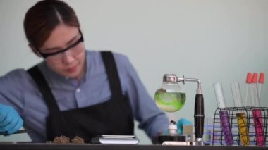 Laboratuvarda kenevir yağının araştırılması ve incelenmesi sırasında tabletteki deneylerin profesyonel kimyager tarafından kaydediliyor..