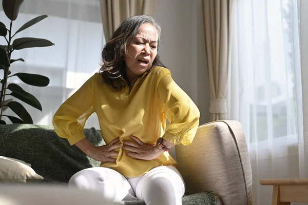 Unhealthy Middle Aged Lady Touching Belly Suffering Abdomen Ache Symptoms — Stockfoto