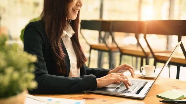 Cropped Shot Young Woman Business Suit Using Laptop Computer Bright — Foto Stock