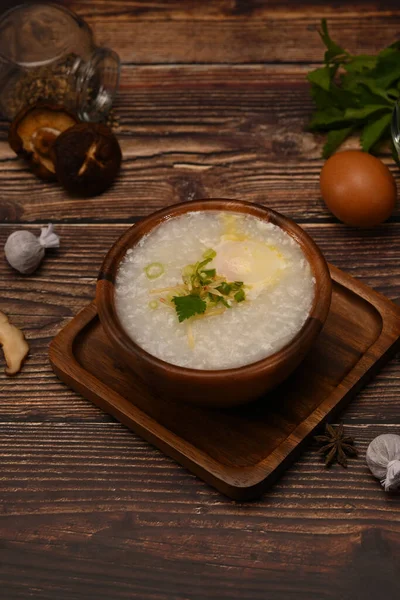 Congee Rice Porridge Rice Gruel Soft Boiled Egg Slice Ginger — 图库照片