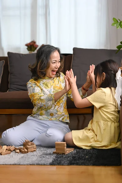 Joyful Little Girl Grandmother Spending Leisure Weekend Time Together Home — Stock fotografie