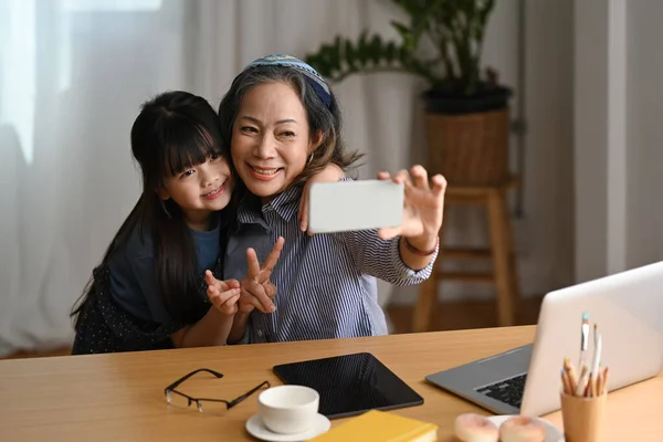 Happy Grandmother Cute Little Grandchild Having Fun Taking Selfie Smart — 스톡 사진