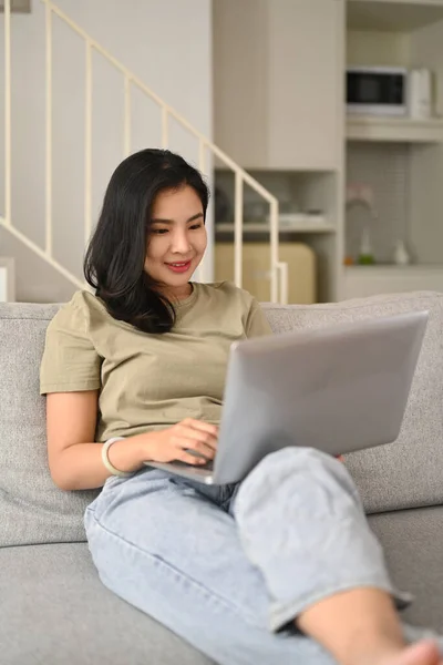 Happy Young Woman Casual Clothes Surfing Internet Laptop Enjoying Leisure — Stock Photo, Image