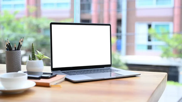 Wooden Office Desk Laptop Computer Coffee Cup Pencil Holder Succulent — Stok fotoğraf