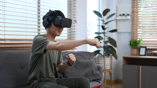 Exited Man Playing Video Game Watching Movie Virtual Reality Headset — Stock Fotó