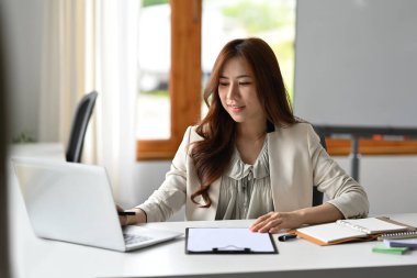 Laptop kullanan ve finansal belgelerle çalışan Asyalı çekici bir girişimci..