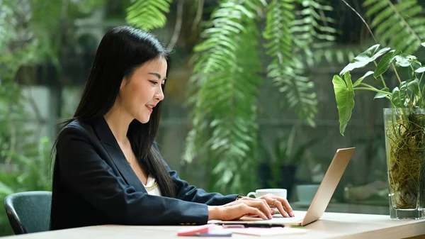 Smiling Millennial Businesswoman Using Laptop Computer Green Eco Friendly Working — Foto de Stock