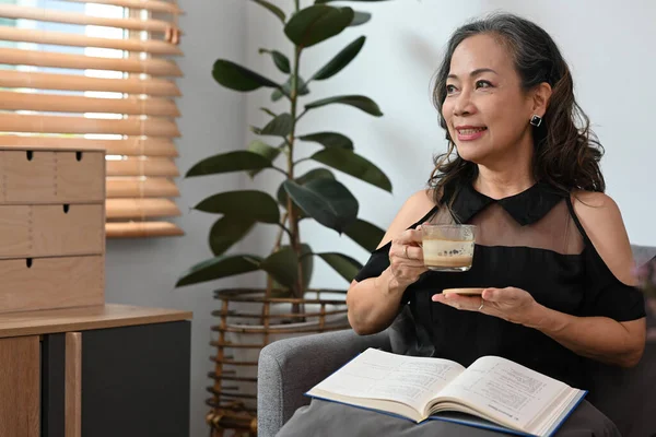 Satisfied Retired Woman Holding Coffee Cup Looking Window Enjoy Stress — 스톡 사진