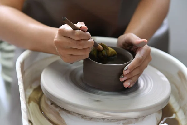 Close View Young Woman Wearing Apron Creating Handmade Ceramic Bowl — Stockfoto