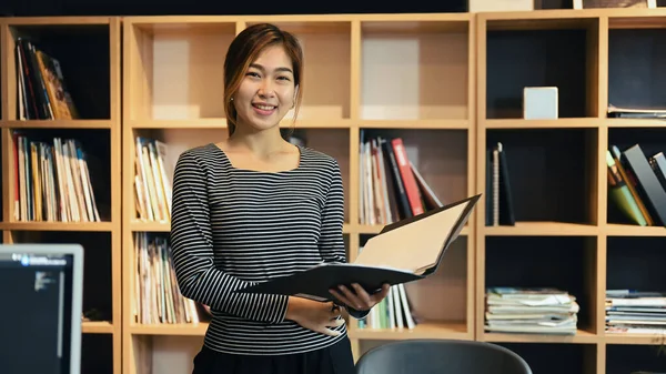 Confident Female Entrepreneur Standing Her Personal Office Smiling Camera — Φωτογραφία Αρχείου