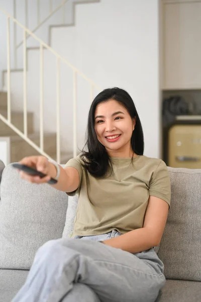 Relaxed Asian Woman Watching Enjoying Leisure Weekend Time Home — 스톡 사진