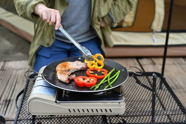 Cropped Shot Woman Grilling Meat Portable Gas Stove Camping Summer — Photo