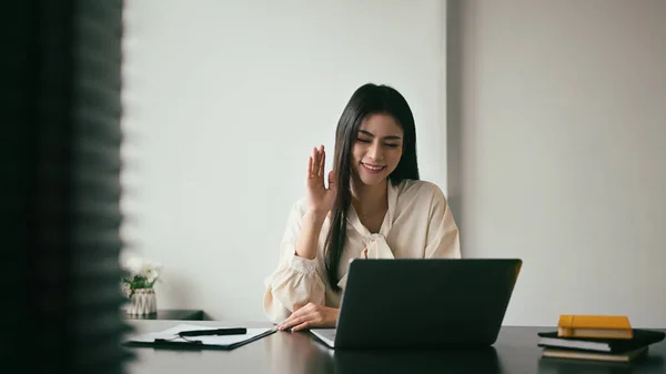 Smiling Woman Waving Hand Chatting Online Video Call Conference Her — Foto Stock