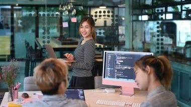 Genç programcılar ya da yazılım geliştiricileri takım beyin fırtınası yapıyor, web sitesi projesini tartışıyorlar..