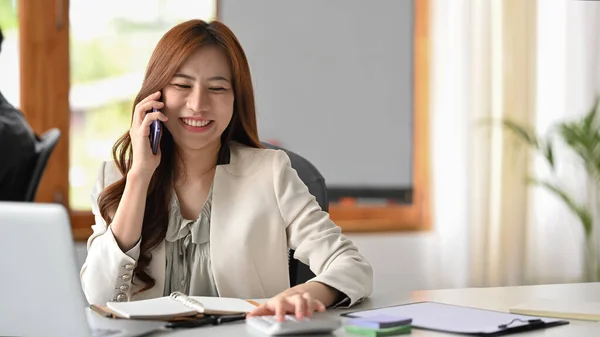 Smiling Millennial Asian Woman Having Phone Conversation Talking Business Partners — 스톡 사진