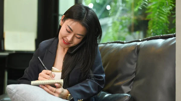 Charming Millennial Woman Having Negotiations Her Business Partner Taking Notes — Fotografia de Stock