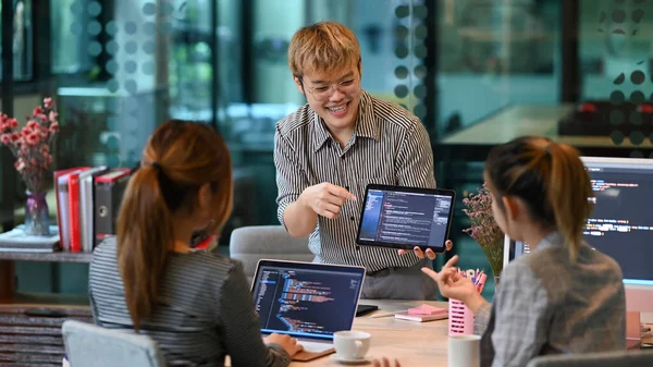 Team Young Professionals Doing Code Programming Brainstorming New Web Site — Foto de Stock