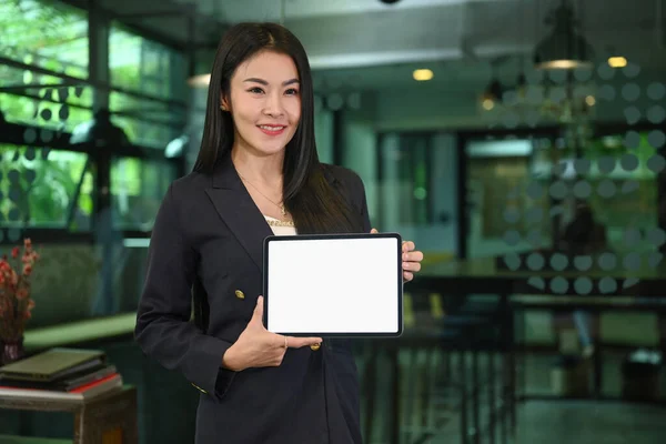 Confident Millennial Woman Business Suit Holding Digital Tablet Empty Screen — Fotografia de Stock